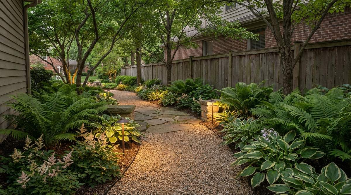 A narrow side yard transformed into a serene gravel walkway, featuring shade-loving plants like ferns and hostas, with gentle lighting for evening use.