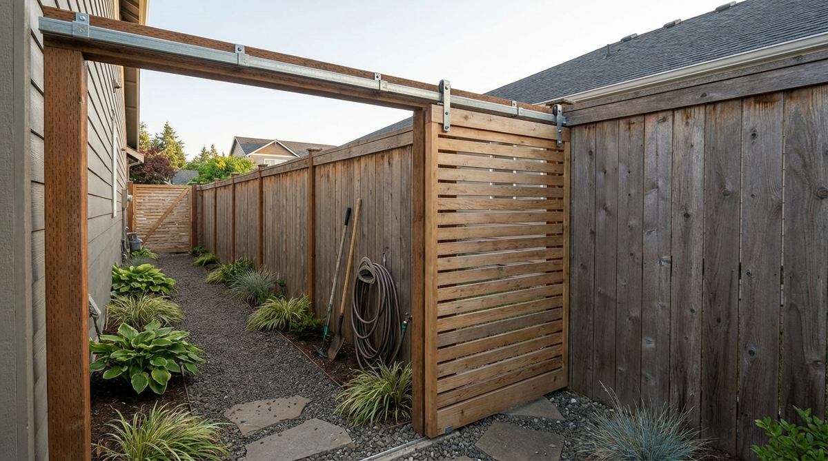 A sliding track gate system installed in a small garden, showing the overhead track mechanism that allows the gate to slide parallel to the fence line without requiring swing clearance. The system is ideal for narrow side yards where traditional swinging gates would be obstructed.