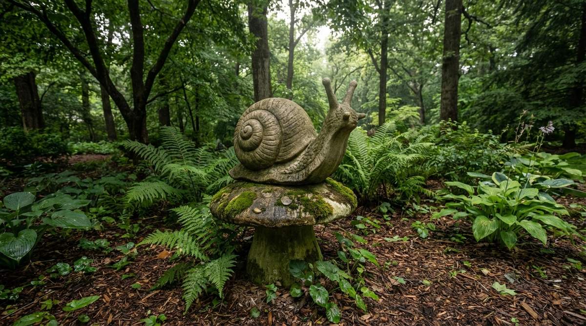 A whimsical snail sculpture perched on a toadstool base, featuring spiral shell patterns and extended eyestalks, ideal for shaded, moist garden areas or fairy garden compositions.