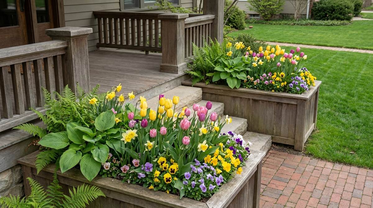 Vibrant spring flowering display with tulips, daffodils, and pansies in yellow, pink, and purple colors, combined with hostas and ferns for textural contrast in porch planters.