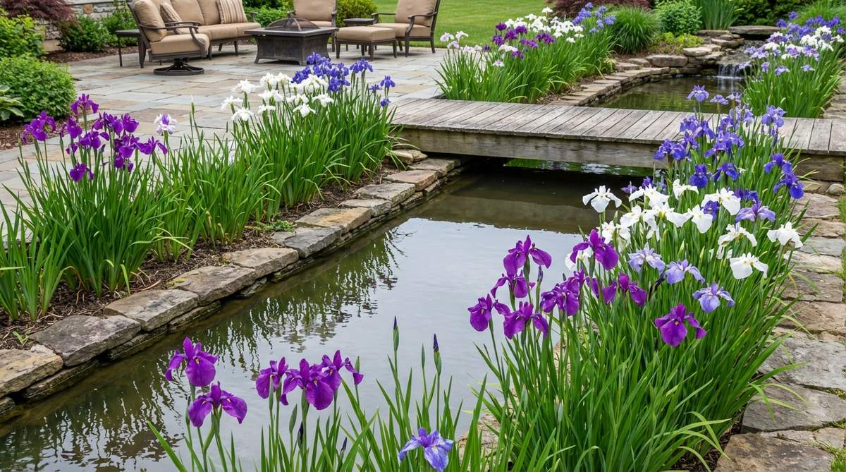 A vibrant display of Japanese water iris blooming along the margins of a traditional garden pond. Purple, white, and blue iris flowers create vertical columns of color that reflect beautifully in the water's surface, with sword-like foliage providing structural green accents throughout the summer season.