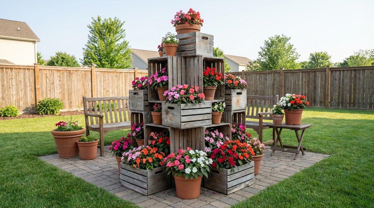 A vertical wooden crate planter tower in pyramid formation, showcasing potted impatiens and begonias for outdoor spring decor on a small patio.