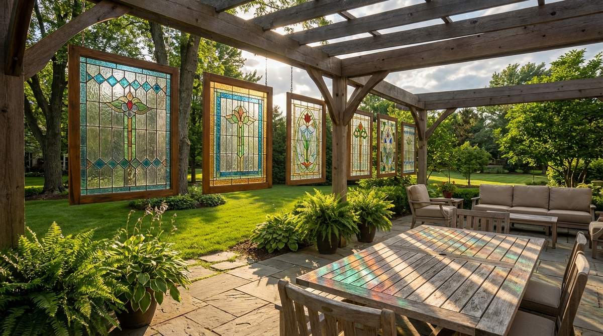 Colorful leaded stained glass panels with geometric or naturalistic designs, hanging in garden windows or pergolas to create beautiful colored light patterns on outdoor surfaces.