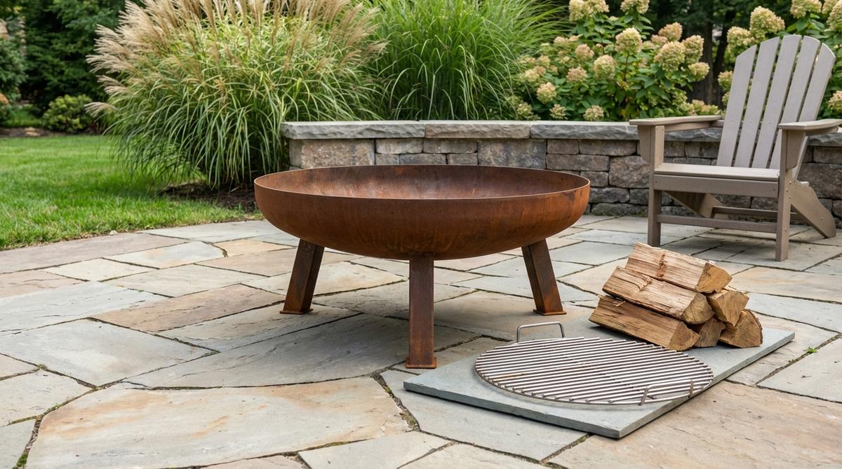A freestanding steel fire pit bowl for garden decor, featuring heavy-gauge construction with elevated legs for safety and improved draft. Ideal for creating warmth and ambiance outdoors, with modern design that develops an attractive rust patina over time. Can be positioned on non-combustible surfaces and includes optional grill grates for outdoor cooking functionality.