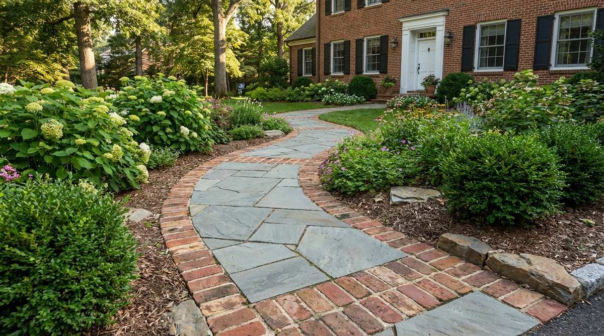 A garden pathway with flagstone or bluestone pavers framed by brick borders in running bond or soldier course patterns. The design shows traditional charm with warm color contrast between the irregular stone patterns and geometric brick edging, suitable for historical or colonial garden settings and coordinating with brick home facades.