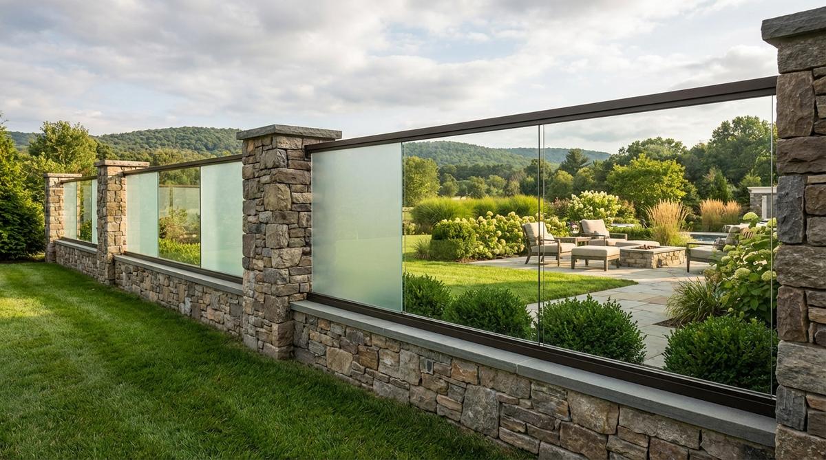 A modern garden wall design combining stone bases with transparent or frosted glass panels, ideal for scenic properties to maintain views while blocking sound and wind. Features tempered safety glass framed in metal channels anchored to stone piers.