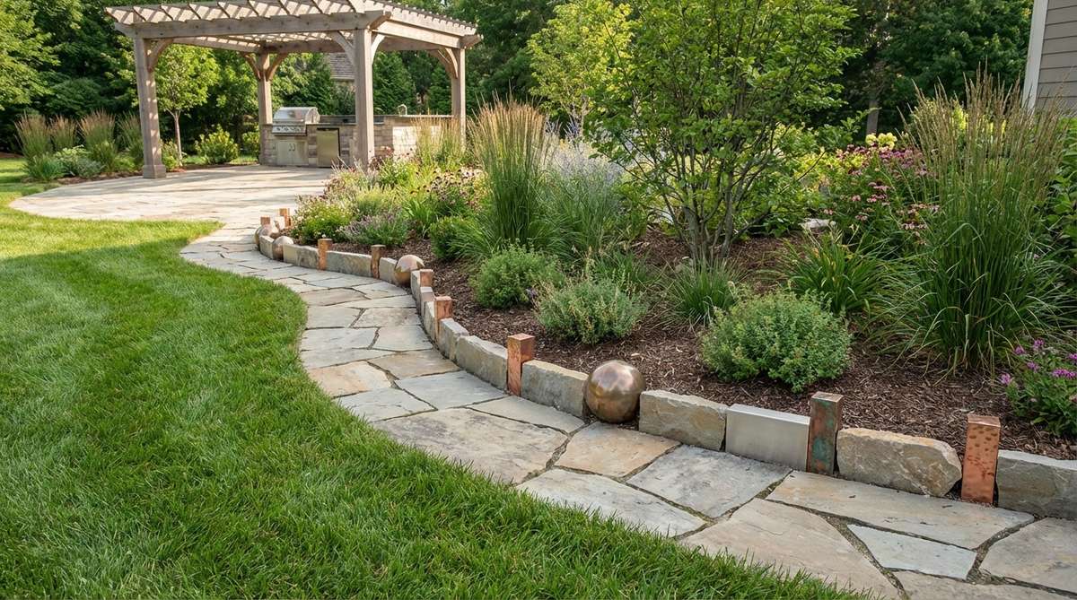 A contemporary garden edging design featuring stone and metal decorative accents, with copper, bronze, or stainless steel elements like vertical strips, spheres, or geometric shapes inserted between stones to add modern flair. The metal accents are limited to 10-15% of the total edge length to complement the organic stone patterns and develop a natural patina over time, coordinating well with weathered stone in outdoor settings.