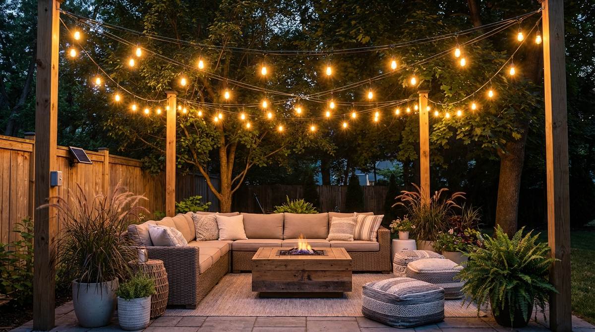 Edison bulb string lights or globe lights suspended overhead to create a starlit ceiling for outdoor rooms, establishing a warm, intimate atmosphere for evening gatherings in a boho garden. Weatherproof strands run between posts or trees in crisscross or parallel patterns, with dimmer switches for adjustable brightness and solar options for areas without electrical access.