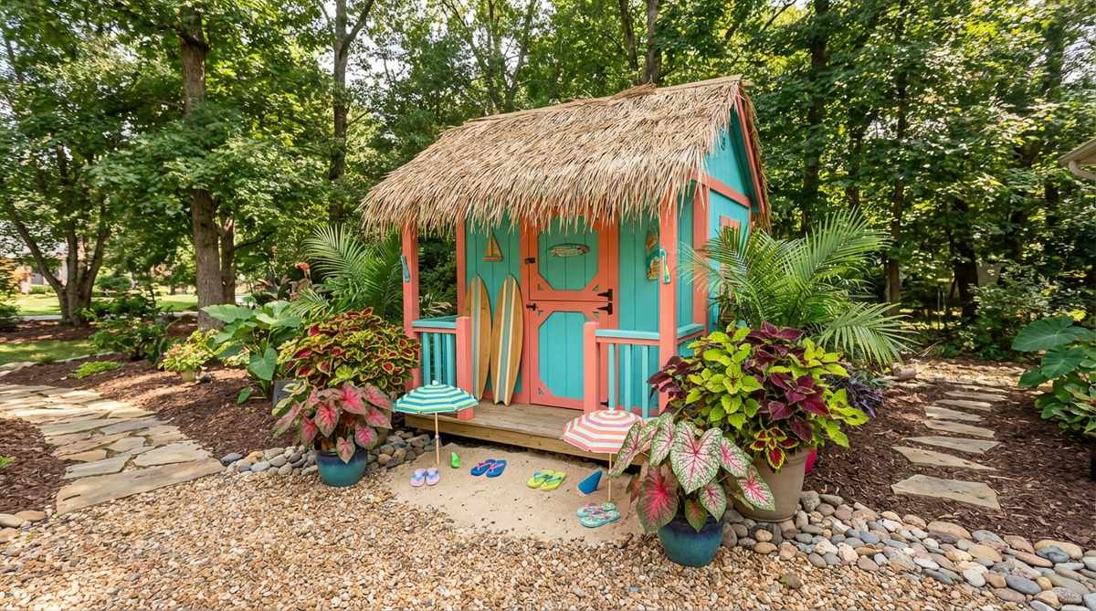 A vibrant mini garden shed designed as a summer beach cabana, featuring bright tropical colors and a thatched roof. It includes miniature surfboards, beach umbrellas, and flip-flops, evoking a carefree vacation atmosphere. Ideal for seasonal displays from June to August, it pairs well with tropical plants like coleus and caladium, transforming garden spaces into resort-like retreats.