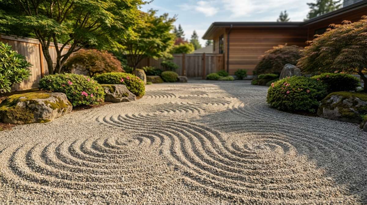 A detailed illustration of the Summer Cloud Scroll pattern raked into zen garden sand, featuring billowing curves that resemble cumulus clouds drifting across summer skies. The design shows overlapping, puffy curves of varying sizes and densities to create atmospheric depth, positioned to complement sky views in traditional Japanese gardens.