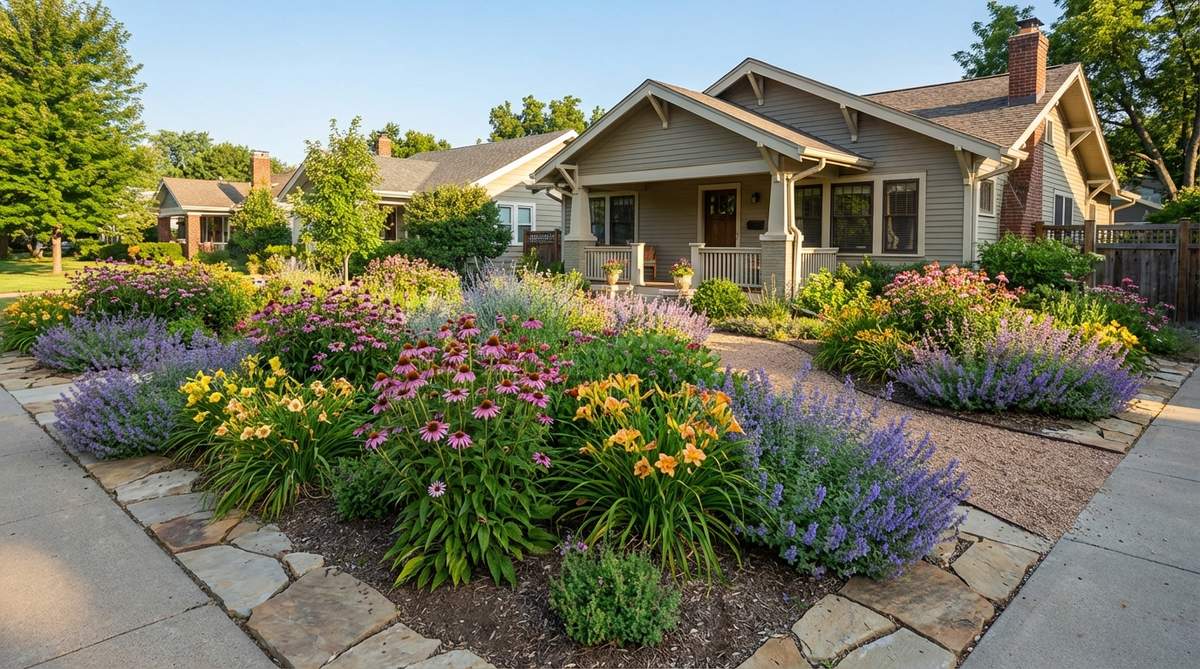 A vibrant small front garden featuring coneflowers, daylilies, and catmint as summer perennial backbones, showcasing dependable blooms that tolerate heat and provide long-lasting color for sustainable landscaping.