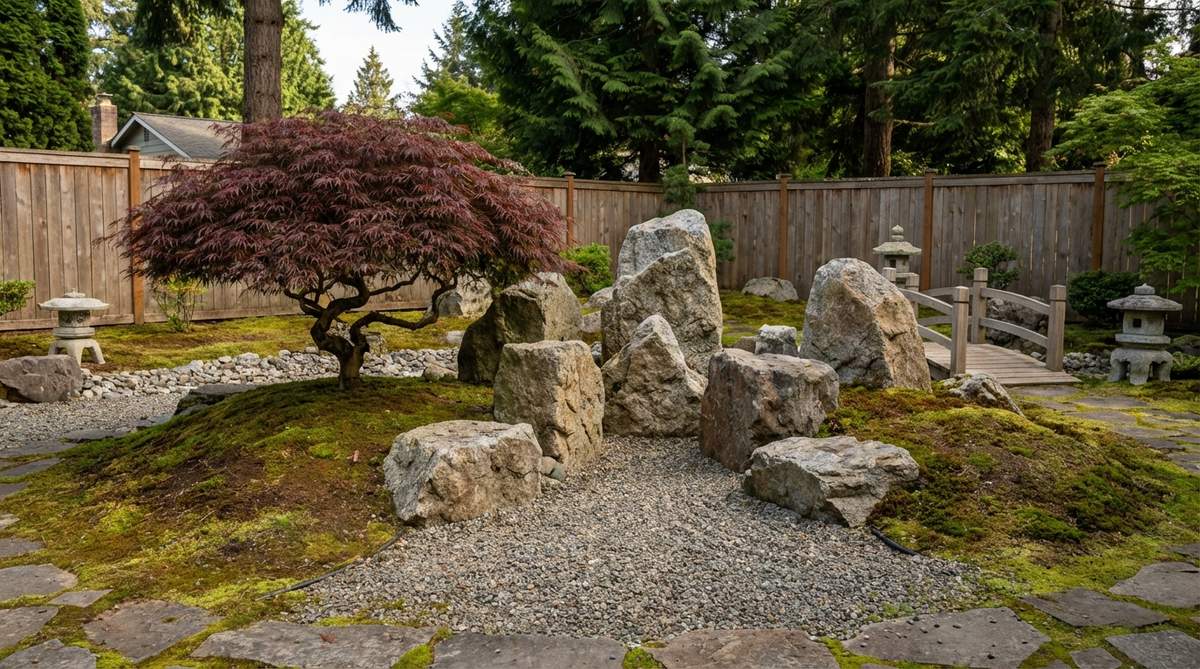 A Japanese stone garden arrangement demonstrating the principle of symmetry-breaking balance, where an almost symmetrical layout is intentionally disrupted by one offset element. This creates visual tension and embodies the wabi-sabi aesthetic of finding perfection in imperfection.