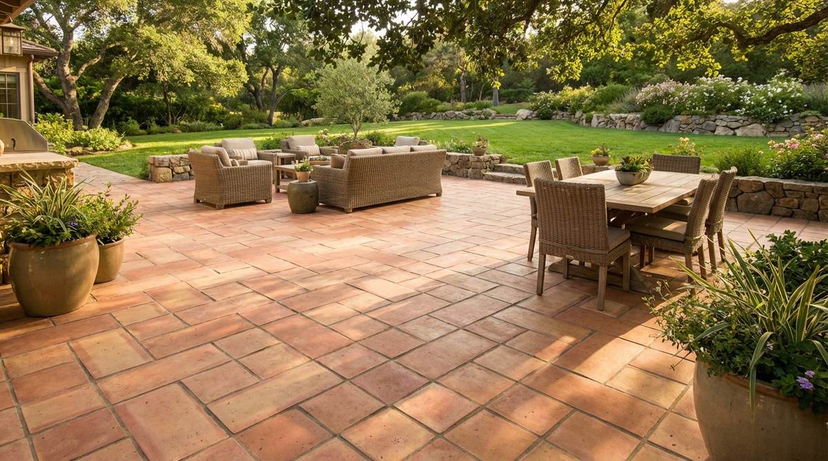 A warm terracotta tile patio surface showcasing the earthy orange-brown hues characteristic of Afro-Bohemian decor. The tiles are arranged in a geometric pattern, providing a natural foundation for outdoor entertaining areas. The porous material stays cool in hot weather, with natural color variations from pale salmon to deep rust adding organic visual interest. Sealed to protect against stains while maintaining a matte, earthy finish that ages beautifully with weather exposure.