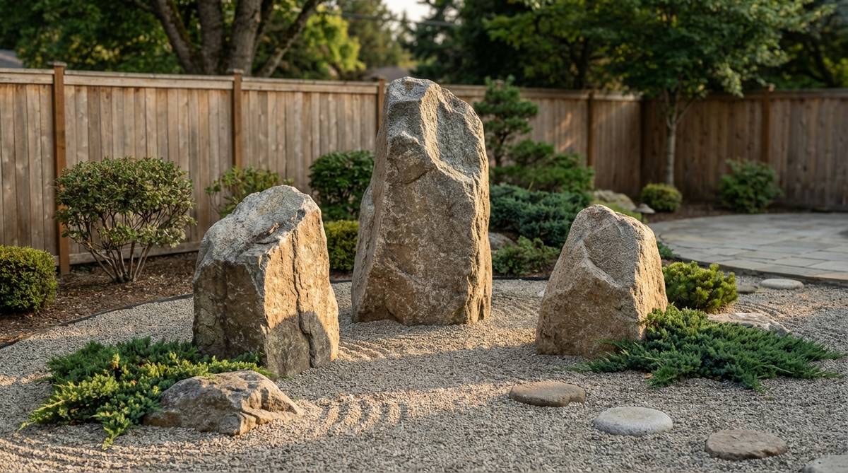 Three upright boulders arranged in a loose triangle, representing the three bodies of Buddha, with the central stone tallest and flanked by progressively shorter stones, positioned for spiritual contemplation in a Zen garden.
