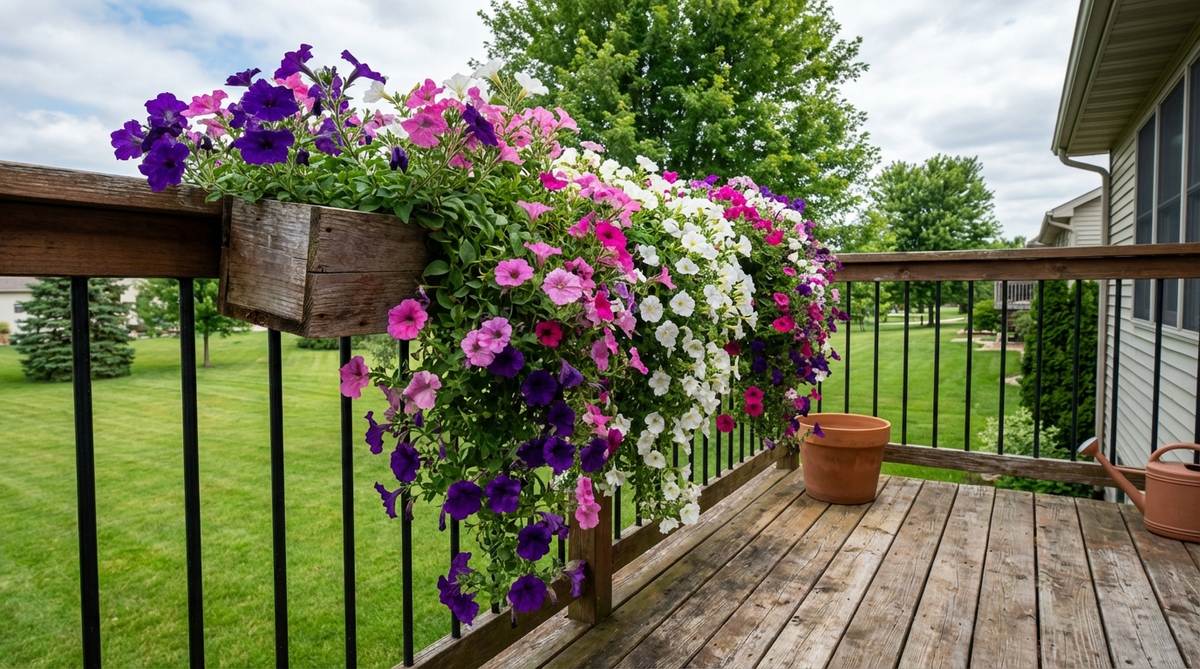 A vibrant trailing petunia cascade spilling dramatically from a balcony railing box, showcasing waterfalls of colorful flowers that soften harsh lines and create a stunning visual impact throughout summer. The image highlights the vigorous growth of Surfinia or wave petunias, ideal for balcony decor with their cascading habit and continuous blooming when properly fertilized and deadheaded.
