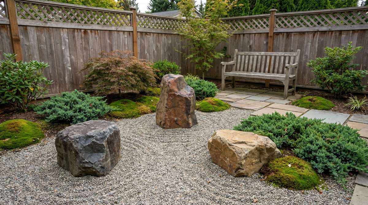 Three stones arranged with their centers forming a scalene triangle, creating visual stability without rigid symmetry, and positioned to avoid direct alignment for enhanced depth perception in a Zen garden setting.