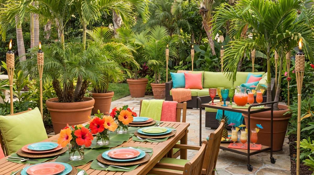 A vibrant tropical outdoor decor setup featuring potted palms, banana leaf placemats, hibiscus flower arrangements, tiki torches, and colorful accents in coral, turquoise, and lime green, with tropical cocktails garnished with paper umbrellas and pineapple wedges.