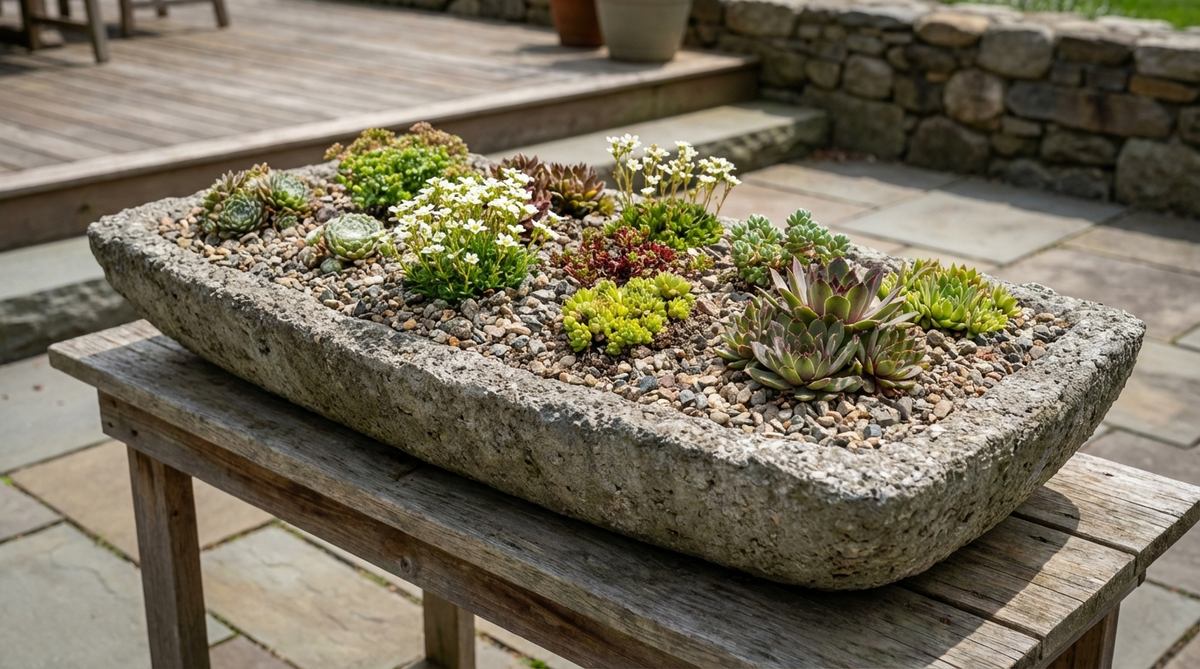 A shallow hypertufa or stone trough garden display showcasing a collection of alpine and succulent plants, positioned at table height on a custom stand for close viewing. The display features gritty, fast-draining soil to prevent rot in low-water plants, topped with decorative gravel or crushed stone matching the trough material.