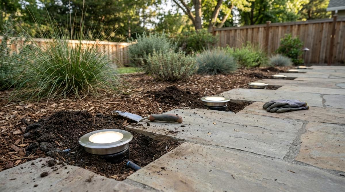 A modern garden lighting installation featuring ultra-shallow remodel wells with compact housings requiring only 4-6 inches of burial depth. The image shows retrofit installation in existing landscape with minimal excavation, demonstrating how these shallow wells accommodate high water tables and shallow utilities while maintaining IP68 waterproof ratings.