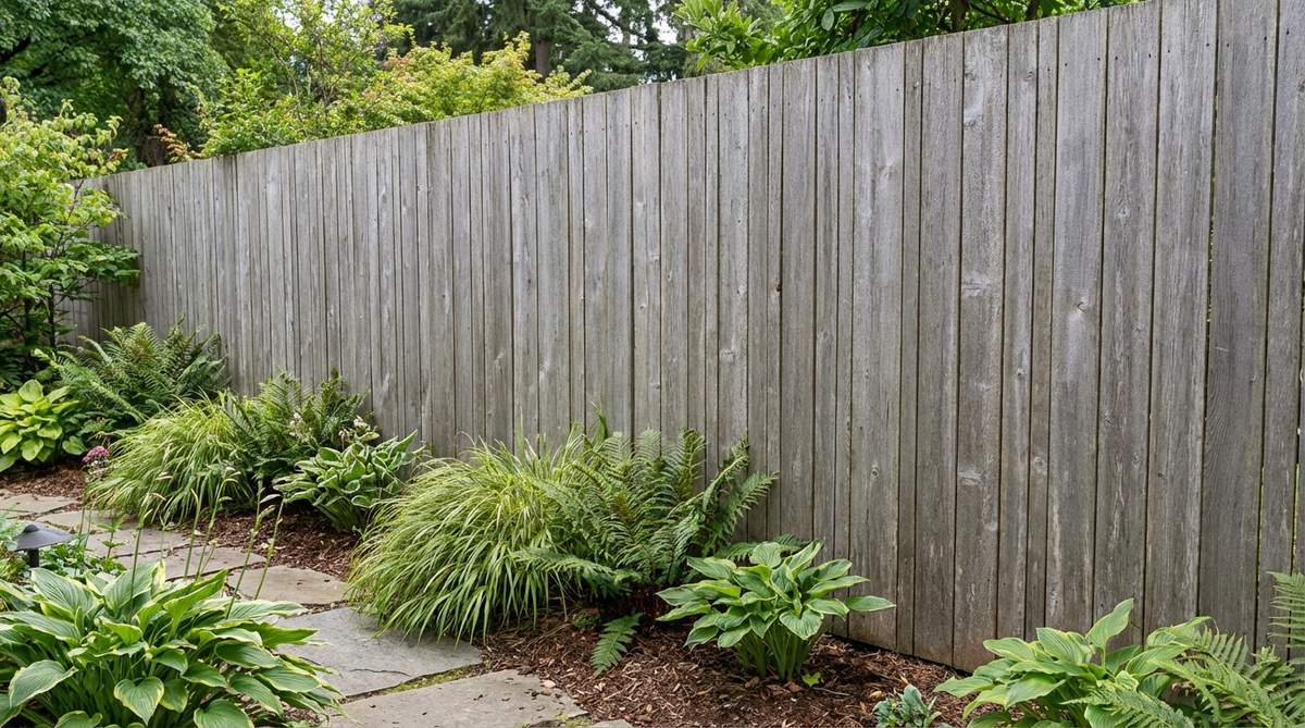 A close-up image of an untreated cedar fence in a garden setting, showing the natural silvery-gray patina that develops over time. The wood, such as Western red cedar or Alaskan yellow cedar, weathers uniformly without stain or sealant, creating an elegant, low-maintenance aesthetic with distinguished character.