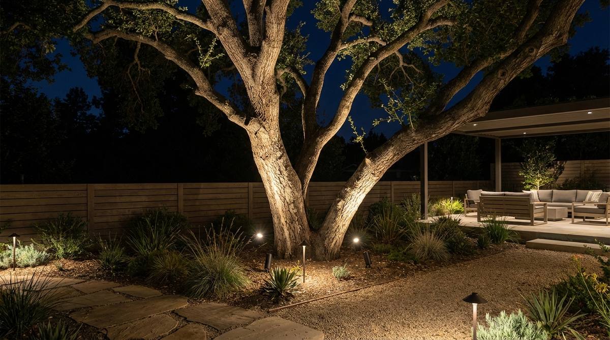 Narrow-beam uplighting fixtures positioned at the base of a tree, transforming bark and branch structure into nighttime sculpture in a mid century modern garden. The technique celebrates vertical elements while creating overhead interest with carefully angled beams that graze bark texture without light spill.