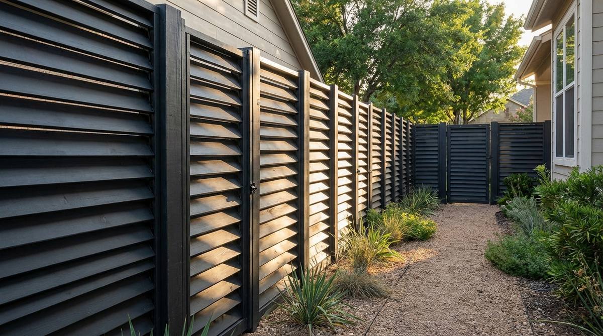 A contemporary garden fence featuring vertical louvers, angled to provide privacy by deflecting sightlines while allowing filtered views and airflow. Ideal for side yards, with adjustable louver angles to balance privacy and light transmission, painted for enhanced shadow definition.