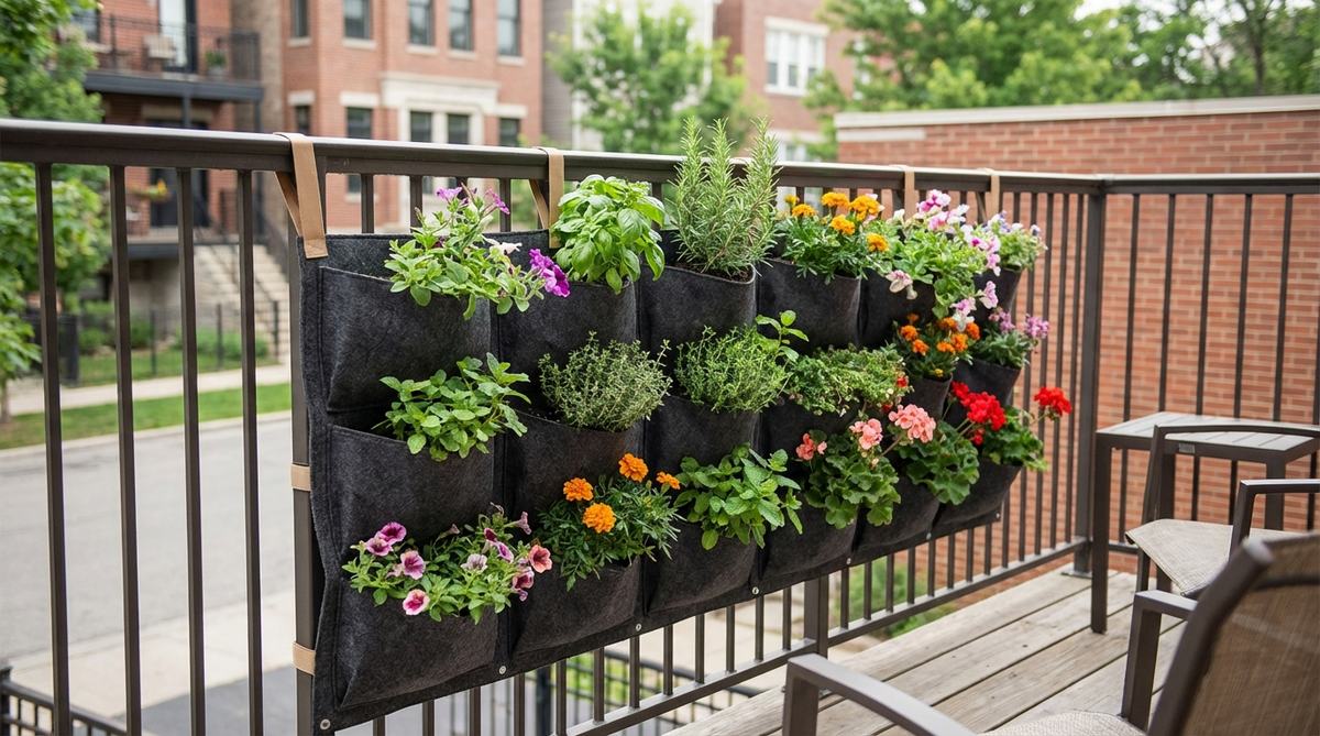 A vertical fabric pocket planter hanging from a balcony railing, showcasing multiple pockets filled with herbs and flowers. This lightweight, breathable planter system creates instant gardens in urban spaces while providing privacy screening and improving air quality.