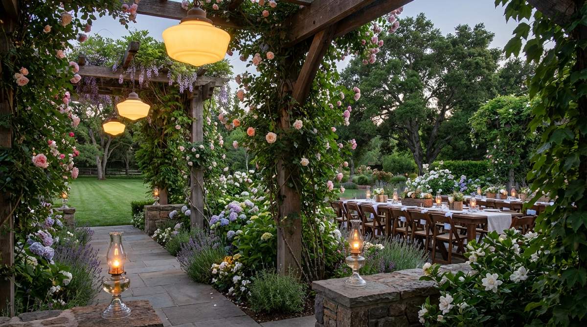 A romantic garden wedding scene featuring vintage hanging lamps suspended from arbors, with antique glass lamps providing soft period lighting amidst blooms and greenery, creating a nostalgic and functional evening ambiance.