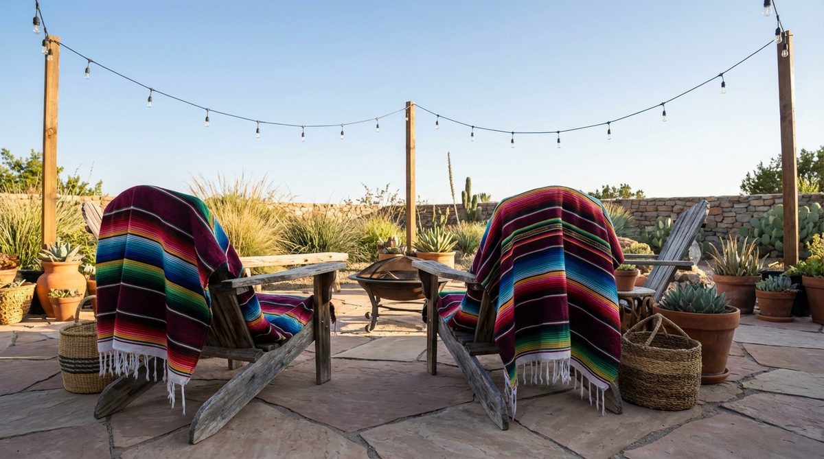 A striped serape blanket in jewel tones, draped over a chair or sofa, adding portable color and warmth to a western boho decor setting. The tight weave ensures comfort without bulk, perfect for casual styling in seating areas.
