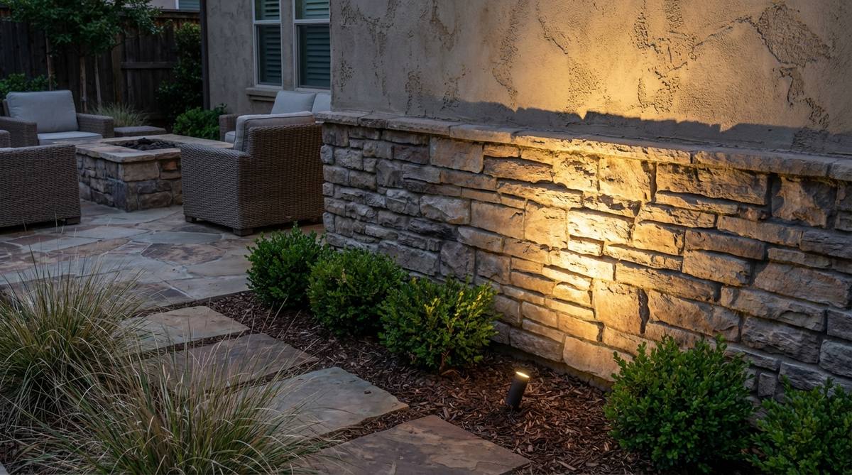 A narrow-beam uplight placed close to a textured garden wall, casting dramatic raking light to accentuate brick, stone, or stucco surfaces, creating a focal point in outdoor decor.