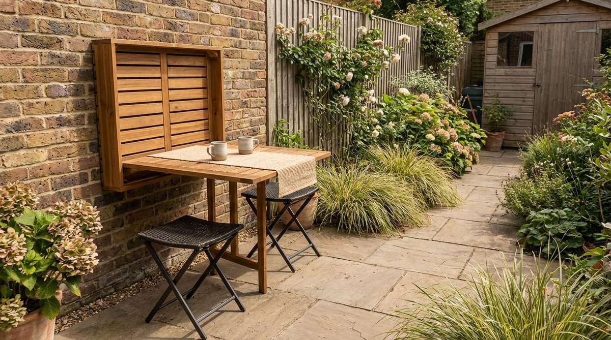 A wall-mounted fold-down table installed in a small garden space, shown folded down for use as a dining or work surface, with fold-down chairs or portable stools nearby, illustrating a space-saving solution that can be quickly stowed away.