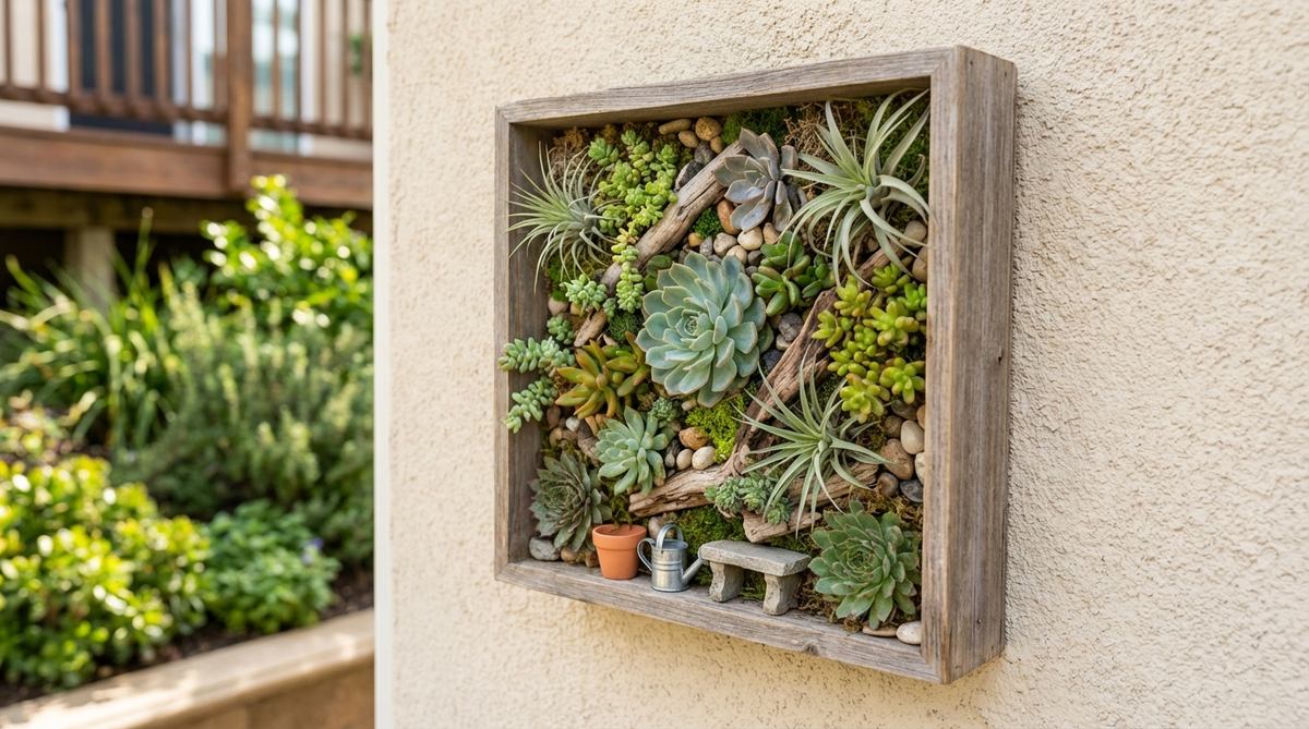 A vertical miniature garden created in a shallow shadow box frame mounted on a wall, featuring drought-tolerant succulents and air plants arranged with miniature accessories to save horizontal space in small apartments or offices.
