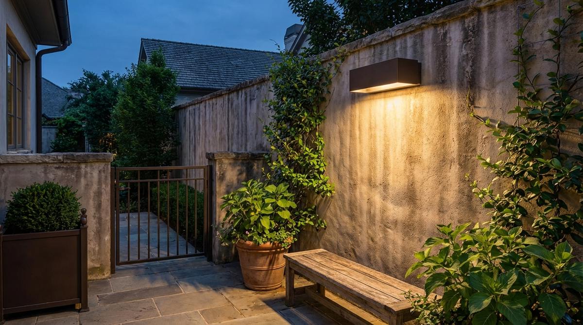 A wall sconce mounted on a courtyard wall providing indirect ambient lighting that washes vertical surfaces with soft illumination. The fixture has a downward light distribution to prevent glare and sky glow, with finishes matching other metal elements in the garden for visual cohesion.