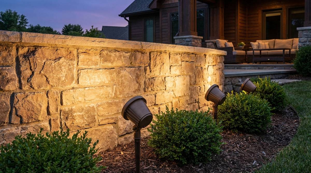 A professional outdoor lighting setup demonstrating wall wash flood lighting technique. Wide-beam fixtures positioned 3-5 feet from a vertical surface create uniform illumination that reveals material textures of stone, stucco, or wood siding. The image shows proper mounting with ground stakes angled 30-40 degrees off perpendicular to minimize hot spots, with overlapping beam patterns eliminating scalloping shadows.
