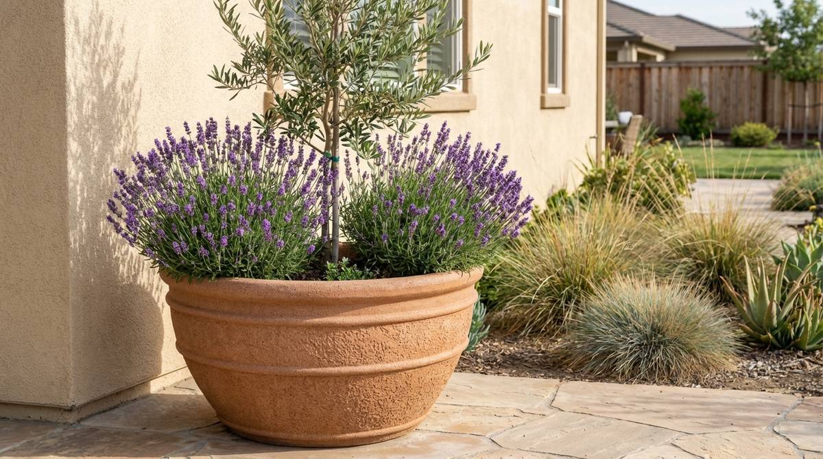 A composite planter in warm terracotta tones, ideal for Mediterranean-style outdoor decor, complementing stucco exteriors and drought-tolerant plants like lavender and olive trees.