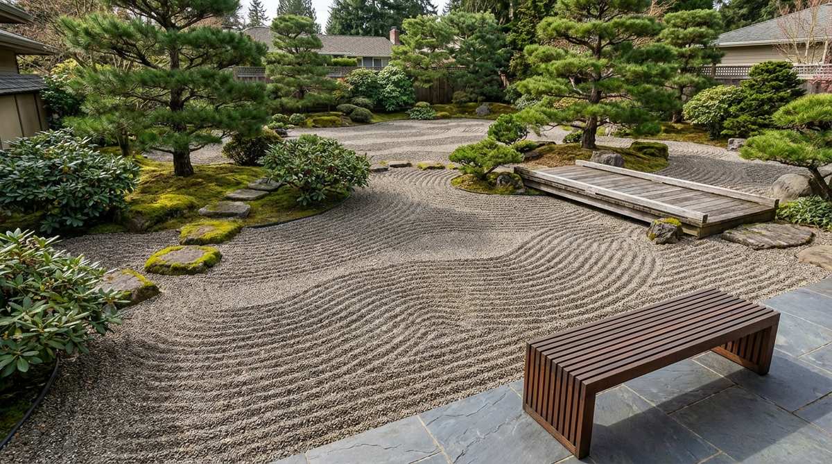 A Japanese Zen garden design featuring gently curving parallel lines that create a wave effect, suggesting water surface movement. The pattern shows naturalistic variation with alternating wave amplitudes while maintaining consistent wavelength intervals. The smooth, flowing curves without abrupt direction changes add organic movement to flat surfaces, creating rhythmic repetition with strong meditative qualities.