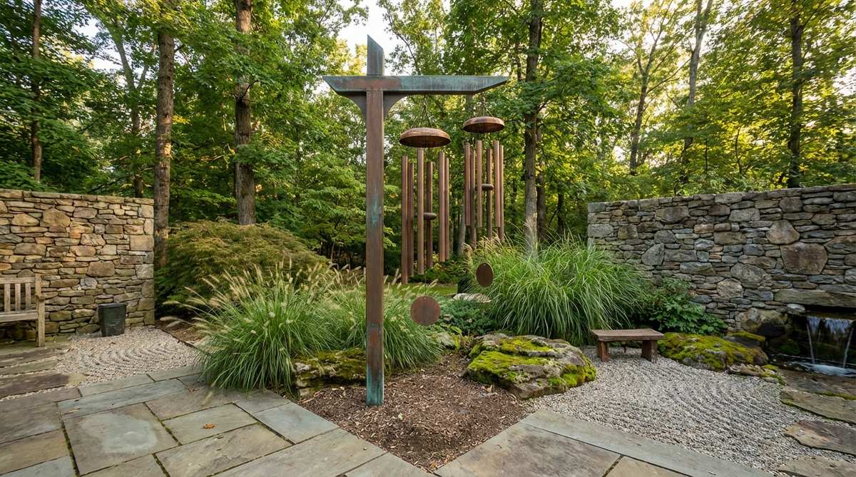 An artistic metal sculpture with tuned wind chimes, designed to add an auditory dimension to the visual experience of a zen garden. The gentle sounds enhance the meditative atmosphere, marking subtle air movements. Positioned in areas with natural breeze corridors, such as near garden corners or between buildings, the bronze or copper tubes develop patinas while maintaining resonant acoustic properties over decades.
