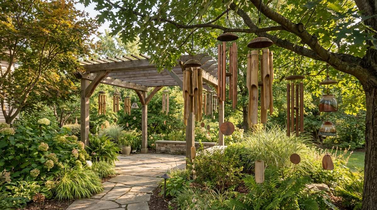 A collection of handcrafted vintage boho wind chimes made from bamboo, copper, and ceramic, hanging from tree branches and pergola beams in a garden. The wind chimes create melodic tones that enhance relaxation and add kinetic energy to the outdoor decor.