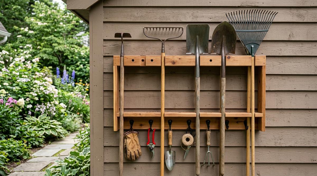 A wooden garden tool organizer mounted on a wall with horizontal boards and evenly spaced PVC pipe sections or drilled holes to store long-handled tools like rakes, hoes, and shovels. The vertical storage system keeps tools accessible, prevents tangled piles, and protects tool edges from damage. Additional hooks below hang smaller tools like trowels, pruners, and gloves for efficient organization and maintenance.