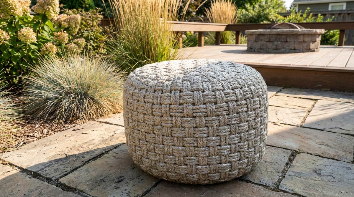 A woven jute floor pouf made from natural jute rope coiled and stitched into a cylindrical shape, offering textured neutral seating with a chunky weave for visual interest. Ideal for boho garden furniture, it develops a silvery beachy patina under sun exposure and pairs well with colorful textile poufs for material contrast.