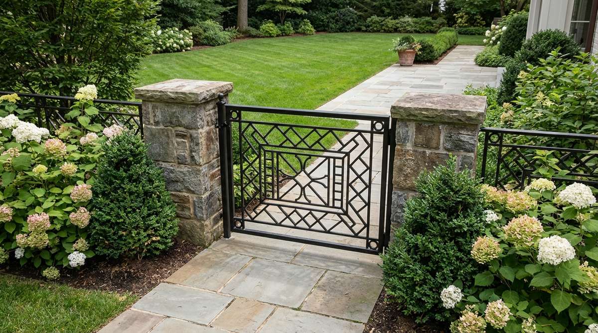 A decorative wrought iron privacy gate positioned at the walkway entrance, providing privacy screening with an open, welcoming feel. Painted in contrasting black or charcoal, it creates a clear boundary between public and private space, flanked by brick or stone pillars for substantial presence.