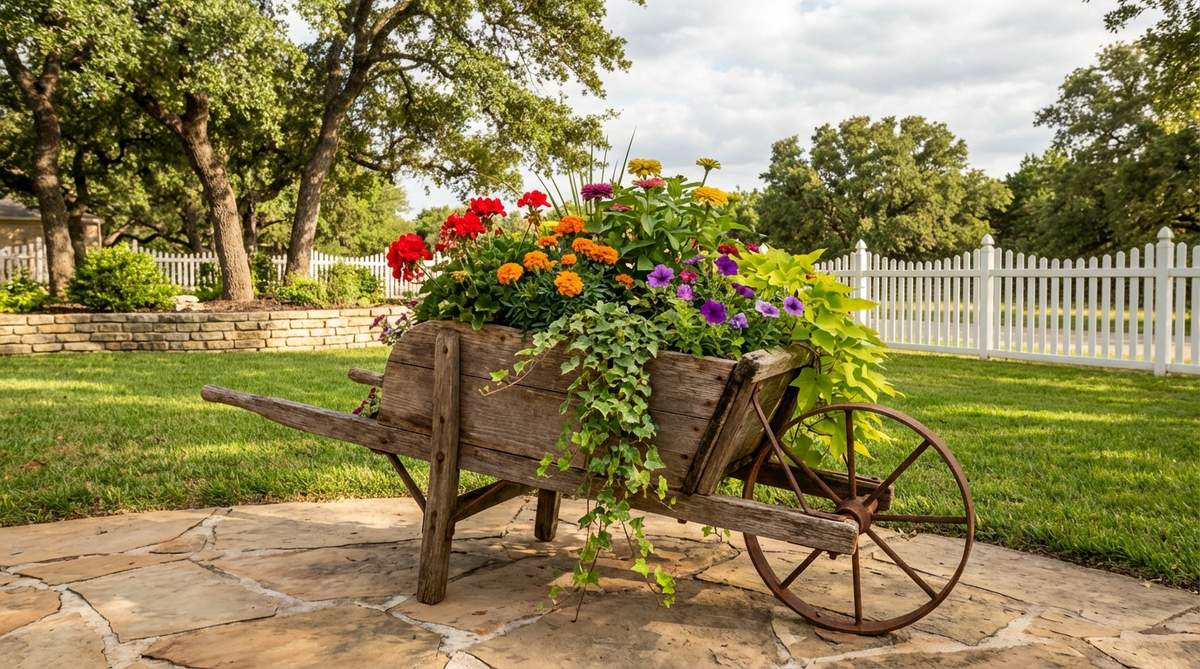 A rustic antique wheelbarrow planter with weathered wood bed and metal wheels, filled with vibrant seasonal flowers and trailing annuals. The mobile planter design allows for easy repositioning in the garden to follow sunlight or create temporary displays for events.