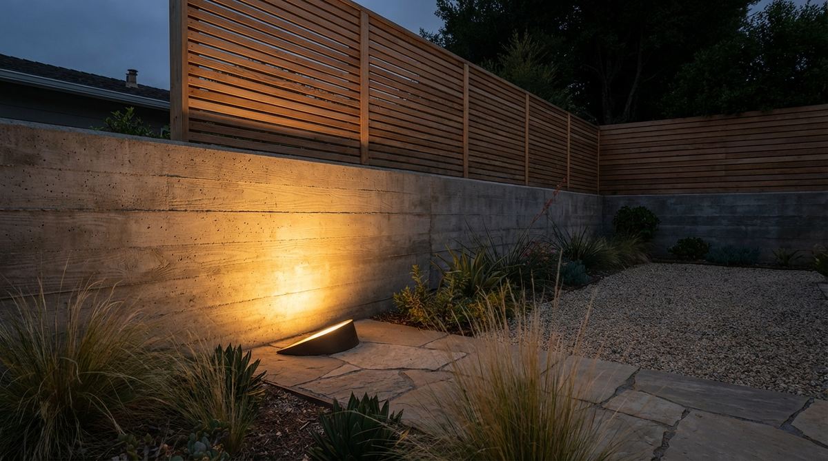 An asymmetric wall-wash well light fixture installed in a modern garden setting, demonstrating specialized optics that throw light predominantly to one side to wash nearby walls with architectural illumination while minimizing opposite-direction spill and light pollution.