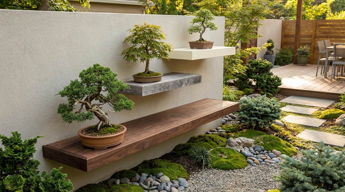 A visual representation of an asymmetrical cluster arrangement for displaying bonsai trees in a zen garden setting. It features three floating shelves of varying lengths arranged in an offset pattern, with the longest shelf at the bottom, medium in the middle, and shortest at the top to create a sense of visual ascension. The largest bonsai is placed on the bottom shelf, a medium specimen in the middle, and the smallest at the top, following natural visual weight distribution principles. The asymmetry adds a dynamic and non-rigid aesthetic, with shelves in natural wood and painted finishes to enhance visual interest.