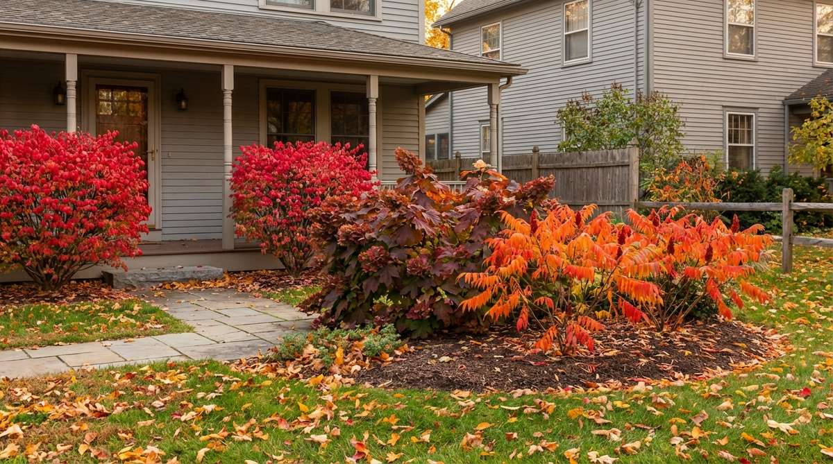 A vibrant small front garden showcasing autumn foliage transition with burning bush, oakleaf hydrangea, and sumac plants, highlighting fall color transformation and seasonal appeal beyond flowers.