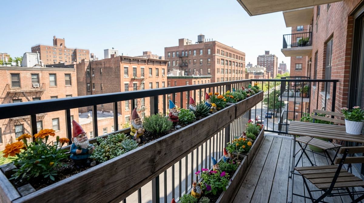 A linear arrangement of railing planters on an apartment balcony, each featuring a mini garden gnome and a compact plant, creating a bright and uplifting urban garden that respects space and safety rules.