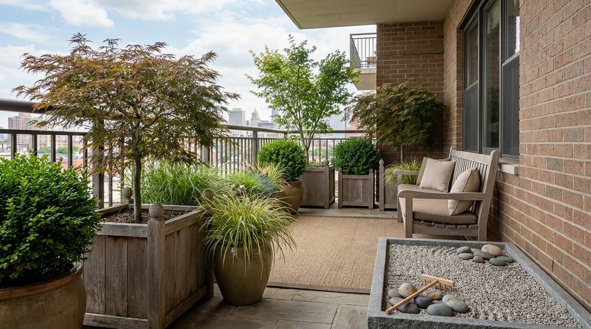 A serene balcony setup featuring large planters with dwarf trees and shrubs, a small bench, and a tray of sand or gravel for a Zen-inspired urban escape.