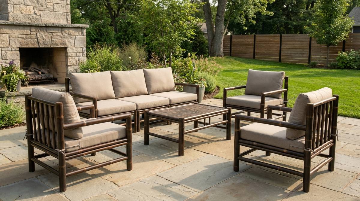 Modern garden furniture featuring a bamboo frame collection with a weather-treated finish. The design uses rapidly renewable bamboo, laminated for strength exceeding many hardwoods, with smooth poles creating an organic aesthetic. Cushions are securely attached via hidden ties, and the protective finish prevents moisture absorption while highlighting natural nodes, making the lightweight pieces easy to rearrange.