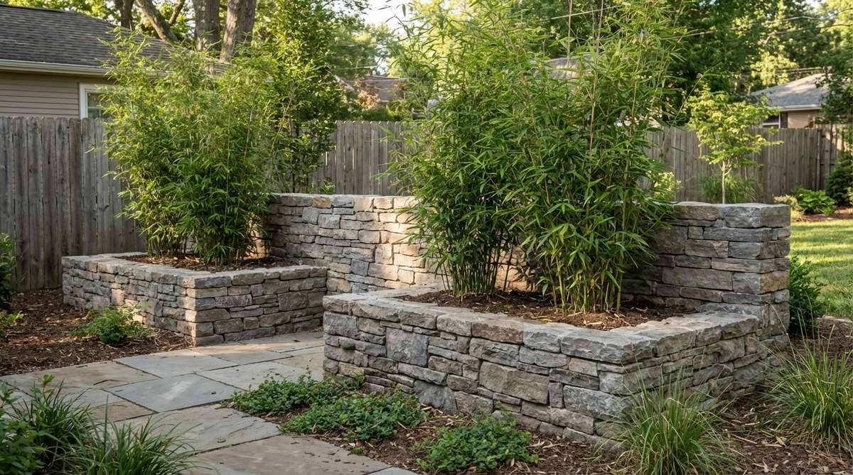 A stone garden wall featuring raised beds planted with clumping bamboo, such as Fargesia rufa or Bambusa multiplex, creating a living privacy screen with Asian-inspired aesthetics. The design combines immediate stone presence with bamboo that fills in over seasons, achieving functional screening within two growing seasons. Planter walls are built at least 30 inches deep to provide adequate root space.