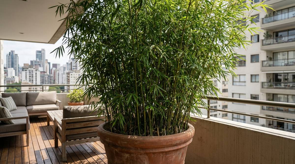 A lush clumping bamboo plant thriving in a large container on an urban balcony, with dense foliage creating a natural privacy screen. The bamboo's slender green canes and delicate leaves filter wind while adding soothing rustling sounds to the city environment.